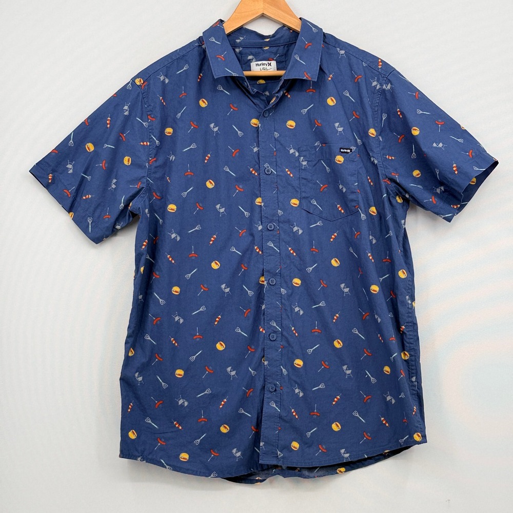 Hurley Button Down Shirt Mens Large Blue BBQ Grill Campy Short Sleeve Novelty